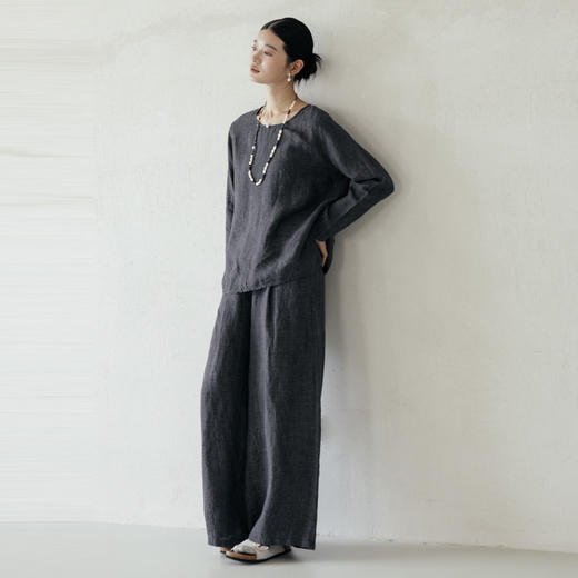 绽放646-647朵/早秋中性风重磅色织亚麻松紧腰叠褶小衫长裤套装 商品图0