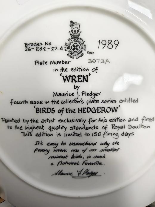 英国皇家道尔顿限量鸟类骨瓷赏盘，由Maurice J. Pledger创作的树篱间的鸟系列 商品图14