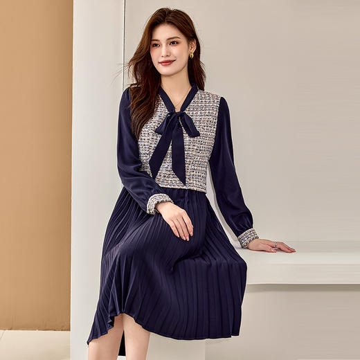 8/2奢姿大码女装2024秋季假两件时尚裙子胖妹妹减龄蝴蝶结百褶连衣裙9943890207 商品图3