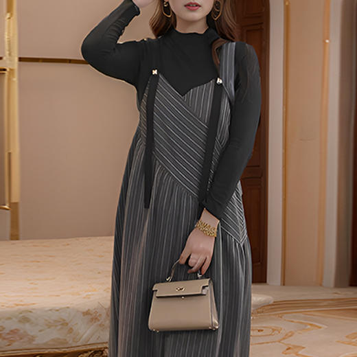 奢姿大码女装2024秋季减龄条纹吊带设计连体裤胖妹妹时尚简约裤9943553589 商品图3