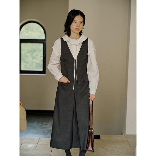 HeyDress背带连衣裙女秋季V领灰色简约优雅设计感气质马甲裙子 商品图3