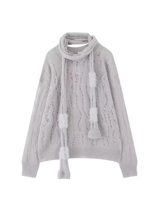 出逃赤岗西/24AWM39/灰色羊毛衣慵懒感带围巾破洞镂空针织衫 商品图4