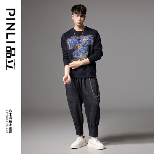 PINLI品立2024秋季新款男装圆领宽松落肩字母卡通烫钻套头卫衣潮BG243109032 商品图1