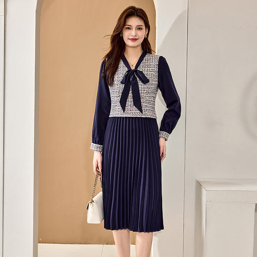 8/2奢姿大码女装2024秋季假两件时尚裙子胖妹妹减龄蝴蝶结百褶连衣裙9943890207 商品图1