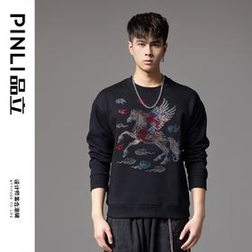 PINLI品立2024秋季新款国潮宽松休闲卫衣男士烫钻飞马祥云上衣潮BG243109038
