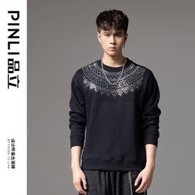 PINLI品立秋季新款男士圆领宽松金属烫片套头卫衣BG243109035