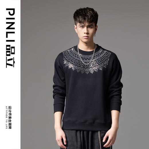 PINLI品立秋季新款男士圆领宽松金属烫片套头卫衣BG243109035 商品图0