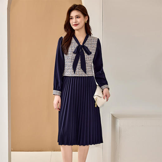 8/2奢姿大码女装2024秋季假两件时尚裙子胖妹妹减龄蝴蝶结百褶连衣裙9943890207 商品图0