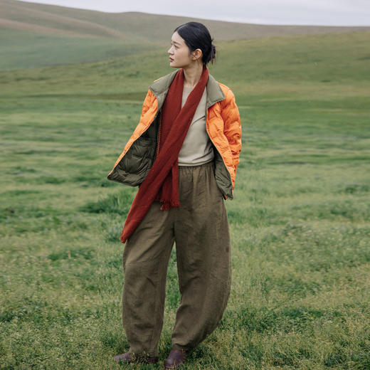 * 绽放旅行女装615朵/秋冬亚麻松紧腰香蕉裤军绿色微阔感休闲裤 商品图3