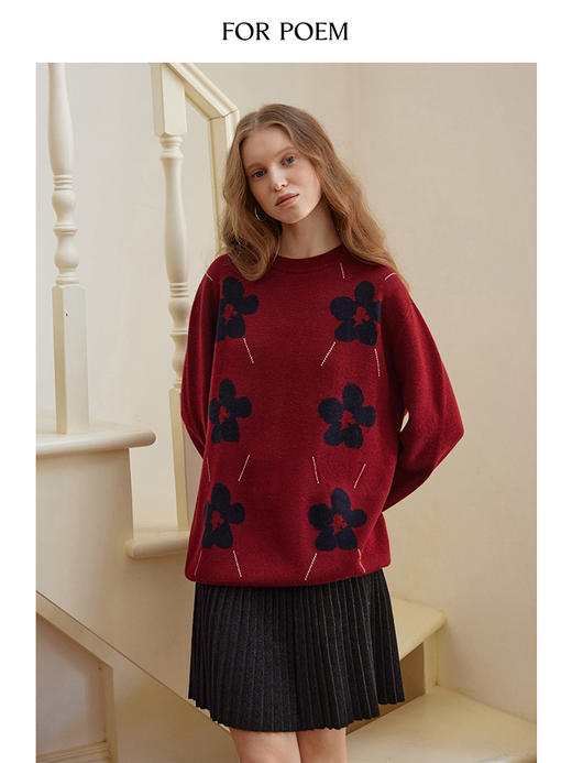 ForPoem 现货 24/FW原创设计羊毛撞色花朵针织套头毛衣 商品图2