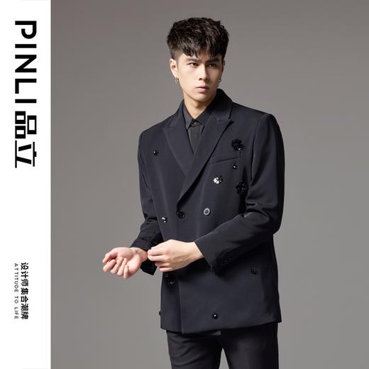 PINLI品立秋季新款新中式钉珠花休闲西服男士结婚小西装外套B243106034 商品图3