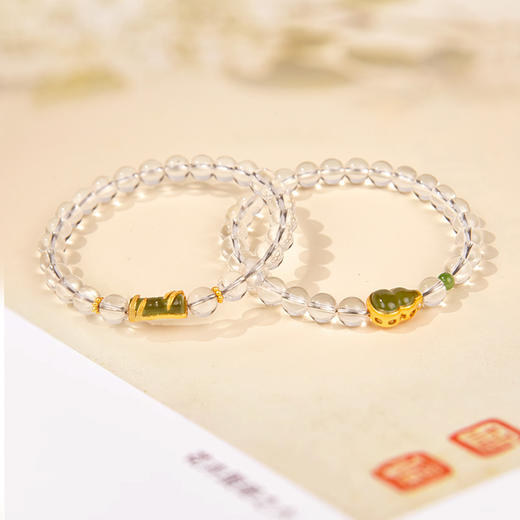 珠事吉祥 原创精品6mm天然白水晶/银镀金 碧玉葫芦手串 商品图1