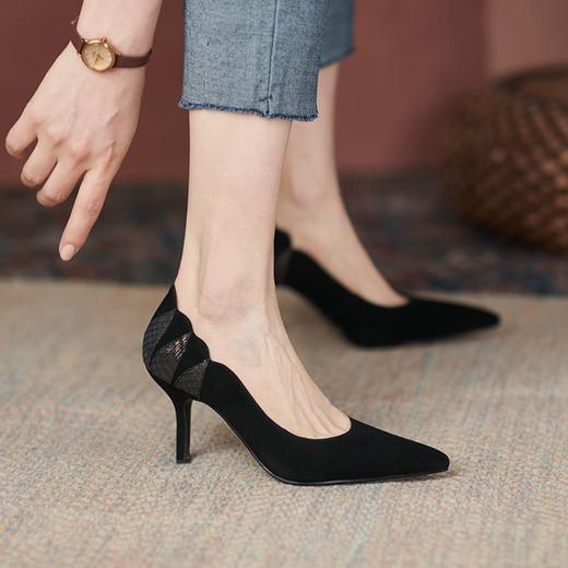 【预售5天】全皮女鞋细跟尖头浅口单鞋羊翻皮韩版时尚气质高跟鞋简约通勤工装ZF&A608 商品图0