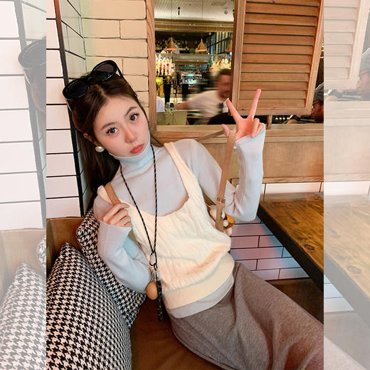 <曾小咸推荐>韩系气质高领打底衫杏色毛织背心套装 商品图1