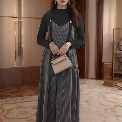 奢姿大码女装2024秋季减龄条纹吊带设计连体裤胖妹妹时尚简约裤9943553589 商品图1