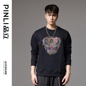 PINLI品立2024秋季新款炫彩大象烫钻套头卫衣男士休闲宽松上衣潮BG243109029