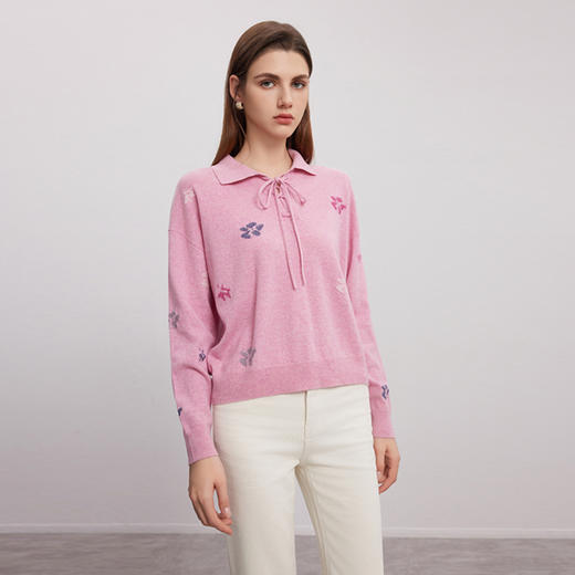 【系带衬衫领羊绒衫】羊绒世家秋冬女士新品100%山羊绒印花套头针织毛衣 商品图2