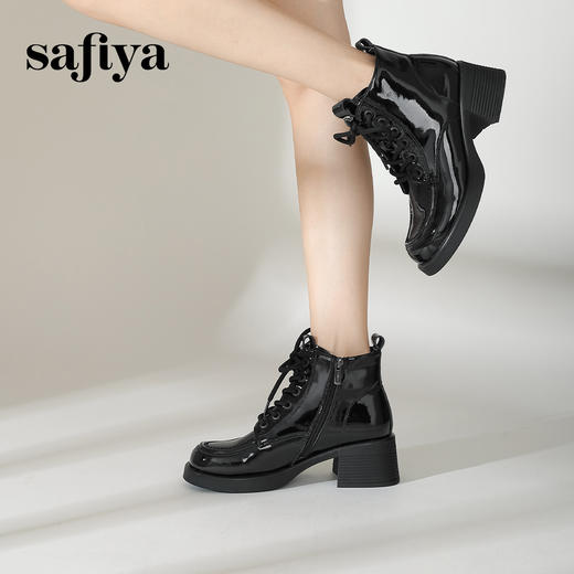 Safiya/索菲娅2024冬英伦风圆头侧拉链时尚漆皮粗高跟厚底马丁靴 SF44116253 商品图1