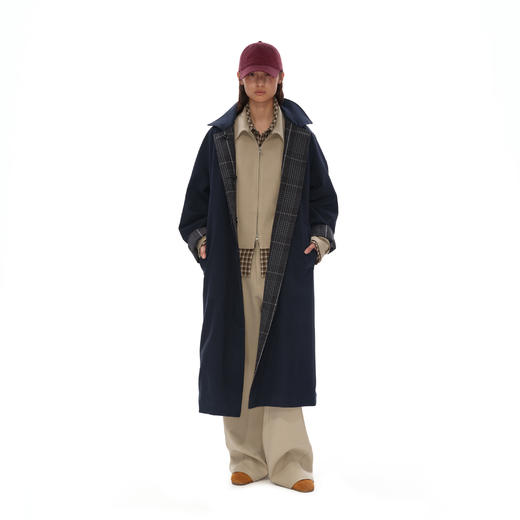 NUTH 正反两穿格纹/藏蓝色复古中长款格子大衣风衣外套女 商品图5