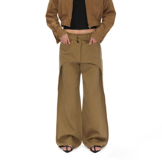 NUTH搭片假两件宽松直筒复古工装裤女秋冬 军绿色/卡其色洗 商品图4