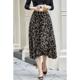 【复古几何印花裙】2026春季设计款拼接百褶裙高腰显瘦雪纺裙