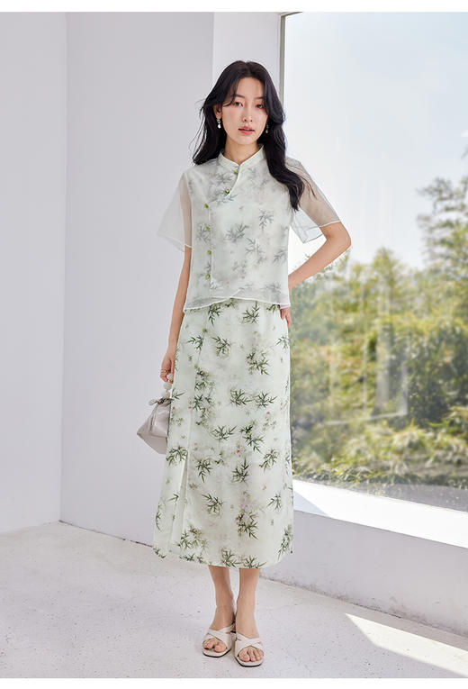 【专属特价】熙世界薄荷曼波竹染国风套装女2025夏款古典雅致两件套 商品图5
