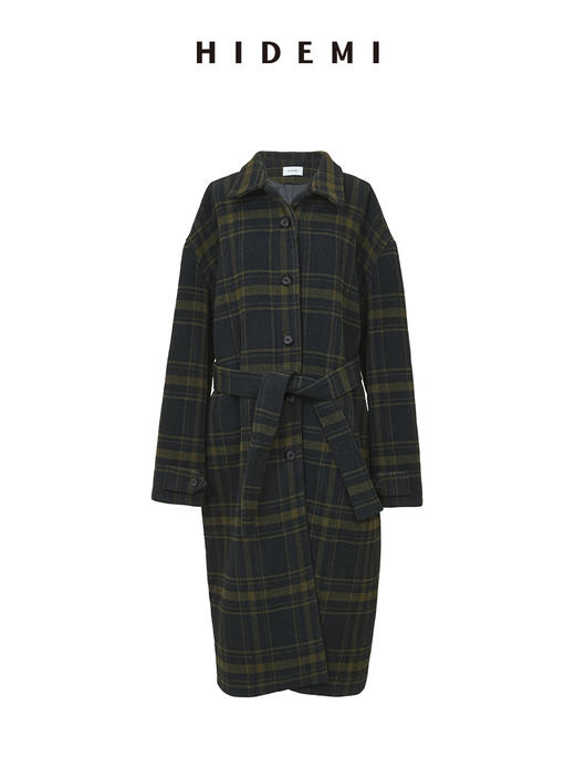 HIDEMI 【赵露思同款】极简大廓形色织格纹羊毛翻领可拆卸腰带式落肩宽松长款厚款大衣 商品图10