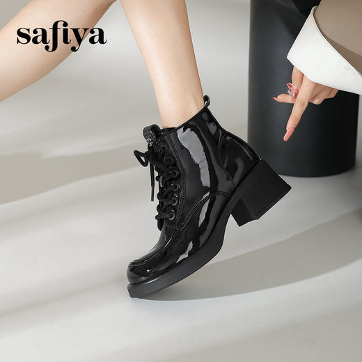 Safiya/索菲娅2024冬英伦风圆头侧拉链时尚漆皮粗高跟厚底马丁靴 SF44116253 商品图2