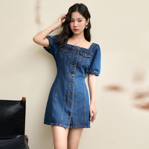 复古摩登辣妹水洗牛仔裙女设计感方领连衣裙短裙V2942141 商品图0