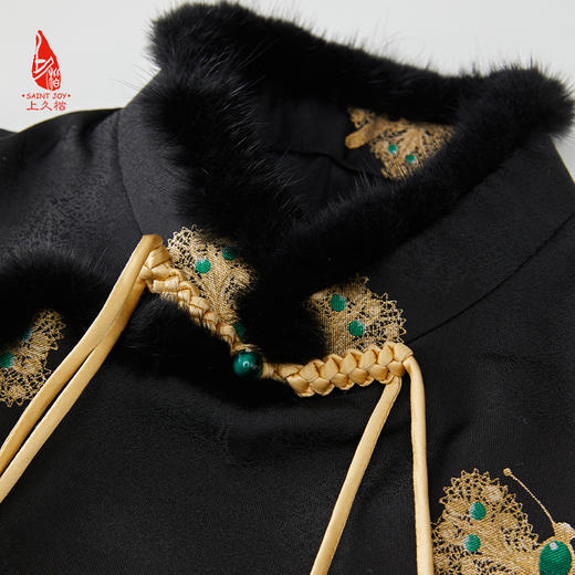 SAINTJOY/上久楷女式宋锦马甲 貂绒丝绵马甲 黑金绿 CY1044207001 商品图1