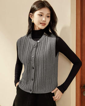 皮尔卡丹毛衫【100%绵羊毛】羊毛背心开衫女圆领绞花单排扣无袖针织马甲