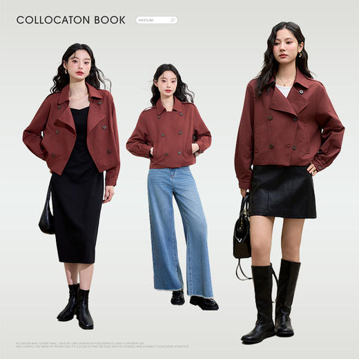 西遇红色短款风衣女新款时尚轻熟高级感双排扣外套D3542304 商品图1