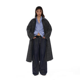 NUTH 正反两穿格纹/藏蓝色复古中长款格子大衣风衣外套女