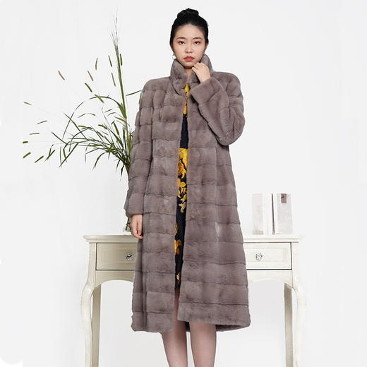 SIM GRACE 优雅夫人 女士轻奢水貂横排设计外套立领收身中长款时尚英伦风大衣 商品图0