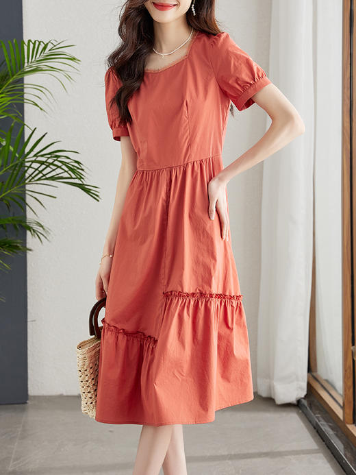 【专属特价】熙世界纯棉钻石领连衣裙夏新款气质收腰轻薄透气A字裙子 商品图2