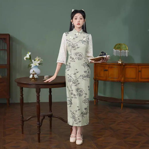 2024年秋季新款改良日常绿色年轻款修身长款文艺国风旗袍XL1099 商品图4