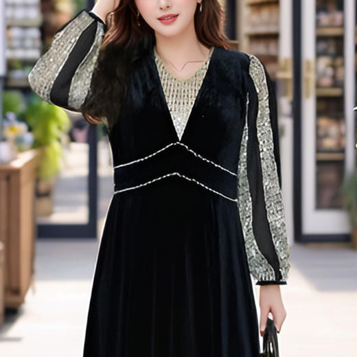 奢姿大码女装2024秋季气质V领丝绒假两件连衣裙胖妹妹时尚裙子 商品图4