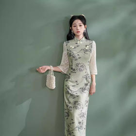 2024年秋季新款改良日常绿色年轻款修身长款文艺国风旗袍XL1099