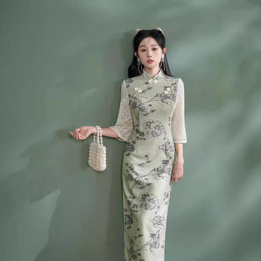 2024年秋季新款改良日常绿色年轻款修身长款文艺国风旗袍XL1099 商品图0
