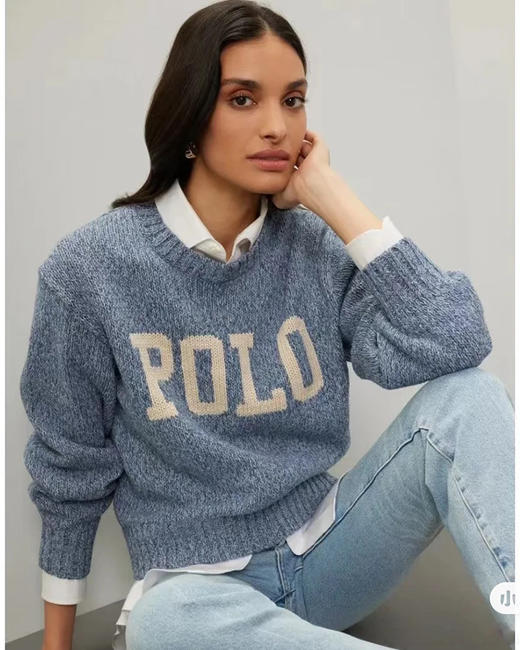 单品包邮现货 THS 9.21-无 RL家马球家 波斯宝石蓝PRL有机棉混纺花纱嵌花宽松针织衫 BM3172 商品图3