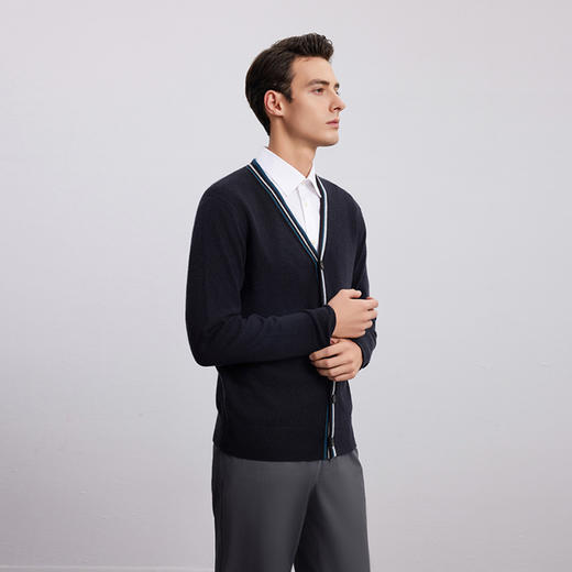 【V领条纹撞色针织开衫】羊绒世家秋冬新品男士100%山羊绒针织开衫外套 商品图2