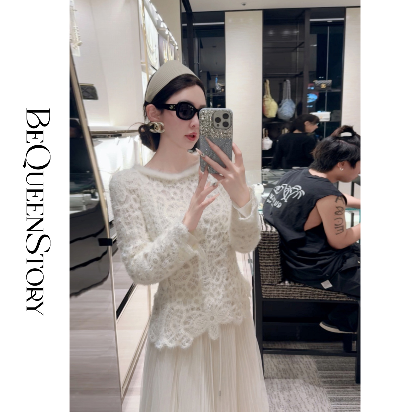 【孤品样衣，不退不换】 【花蔷曼塔】柔软时尚弹力针织拼接水貂毛圆领打底衫女