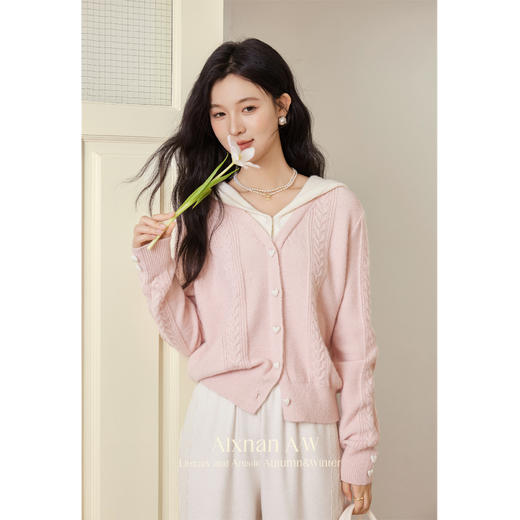 鹿向南「莓莓芝士」温柔慵懒风假两件毛衣2025秋季连帽领开衫女 商品图0