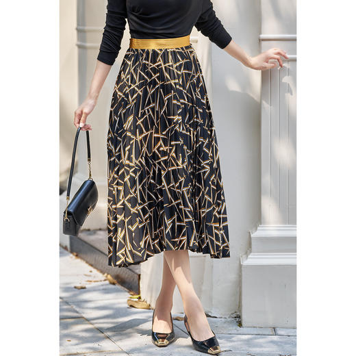 【复古几何印花裙】2026春季设计款拼接百褶裙高腰显瘦雪纺裙 商品图3