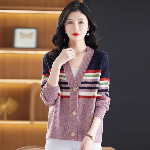 CC-17-5701宽松大码v领条纹羊毛针织开衫女2024春秋新款撞色外搭毛衣短外套 商品图1