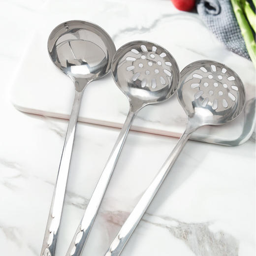 喇叭花加厚不锈钢家用盛汤长柄大号稀饭粥勺子火锅汤勺漏勺套装 商品图1