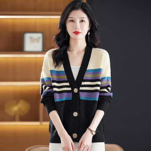 CC-17-5701宽松大码v领条纹羊毛针织开衫女2024春秋新款撞色外搭毛衣短外套 商品图3