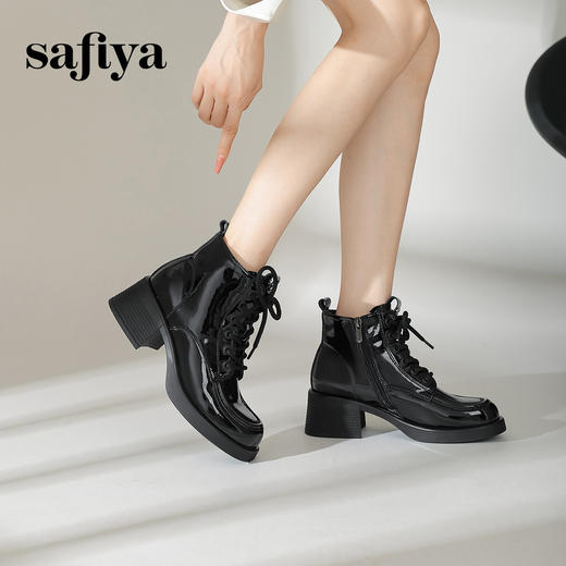 Safiya/索菲娅2024冬英伦风圆头侧拉链时尚漆皮粗高跟厚底马丁靴 SF44116253 商品图0