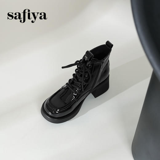 Safiya/索菲娅2024冬英伦风圆头侧拉链时尚漆皮粗高跟厚底马丁靴 SF44116253 商品图6