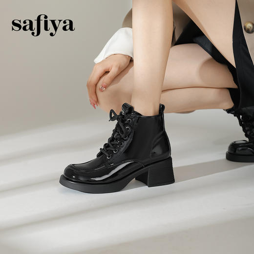 Safiya/索菲娅2024冬英伦风圆头侧拉链时尚漆皮粗高跟厚底马丁靴 SF44116253 商品图3